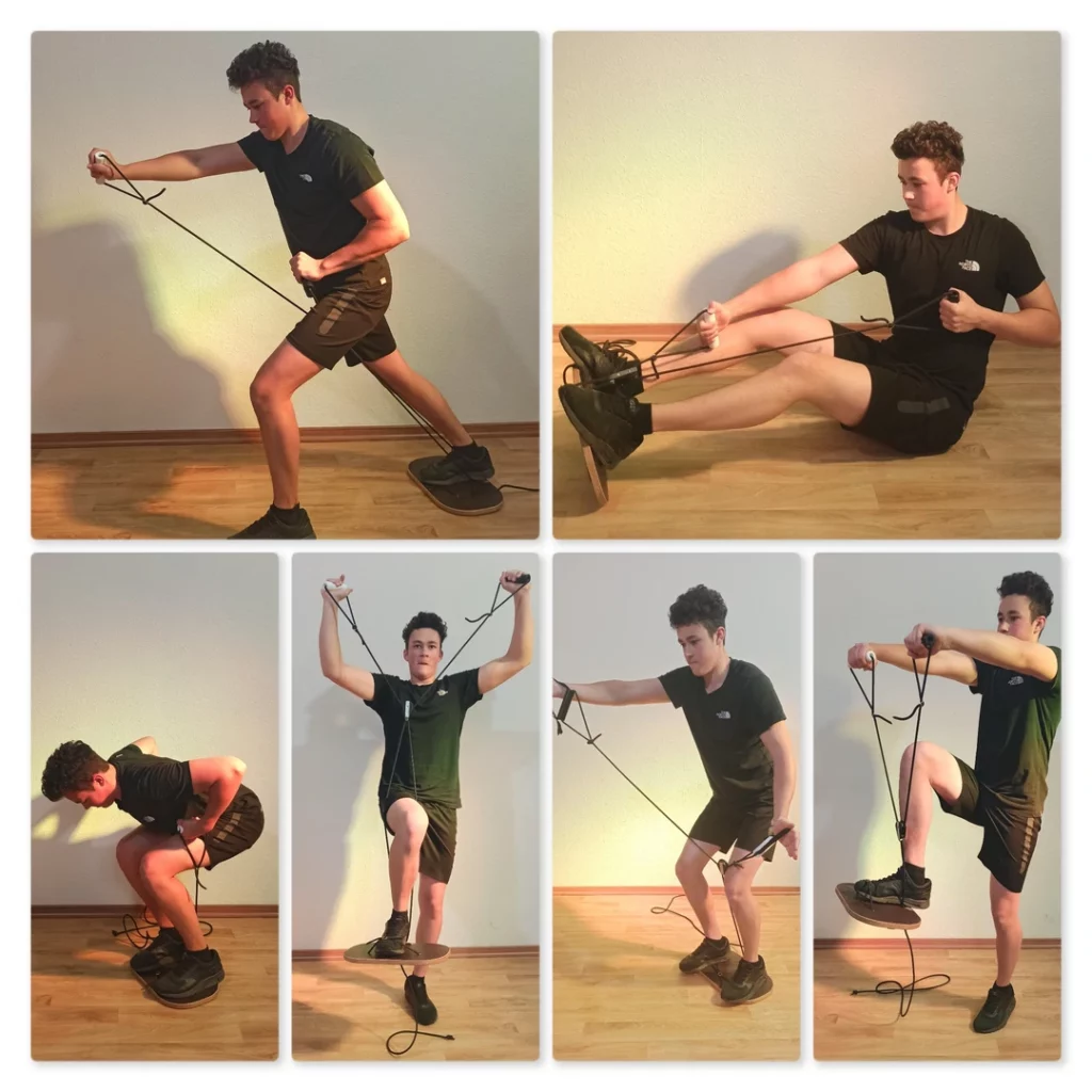 Bildcollage junger Mann trainiert an Rope Plate Kraftsportgerät